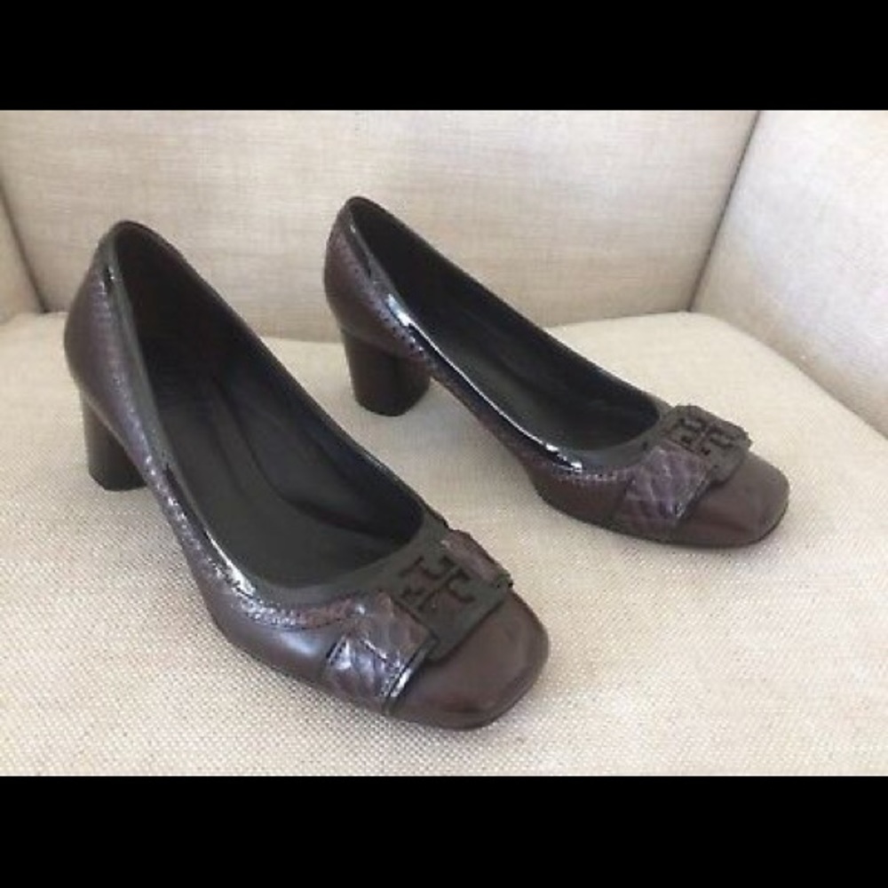 Tory Burch Pumps Brown Leather Snakeskin Logo 8